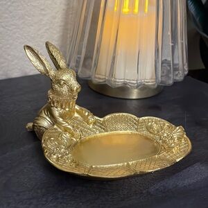 Golden Easter Bunny Figurine, Jewelry Ring Tray Trinket Holder Seated Rabbit